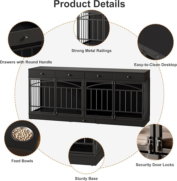 GarveeHome Dog Crate Furniture for 2 Dogs, Dog Kennel Indoor with 4 Storage Drawers and Feeding Bowls, Double Dog Crate TV Stand for Small Medium Dogs, Black