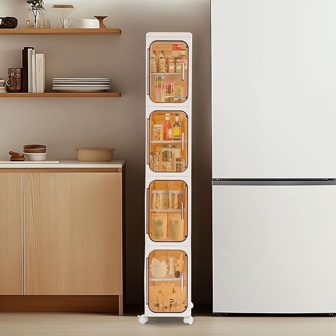 4-Tier Plastic Narrow Storage Cabinet with Movable Wheels & Doors, Tall Slim Bathroom Organizers and Storage Cabinet for Small Space, Bathroom, Kitchen, Laundry (Beige)