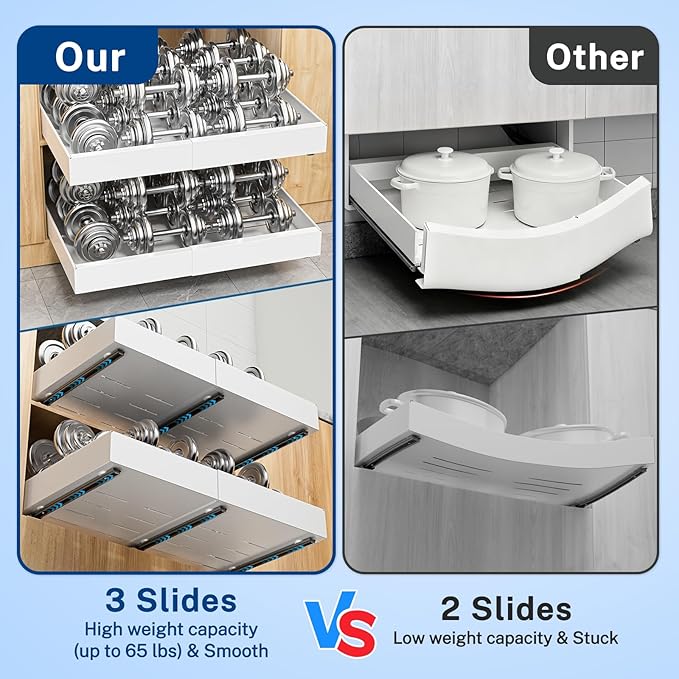 2 Pack Pull Out Cabinet Organizer Expandable Width(12.2"-20.47") & 21"Deep, Insputer No Drill Adhesive Slide Out Drawers with Upgrade 3 Slide Rails, Magnetic Panel, Roll Out Shelf for Kitchen, Pantry