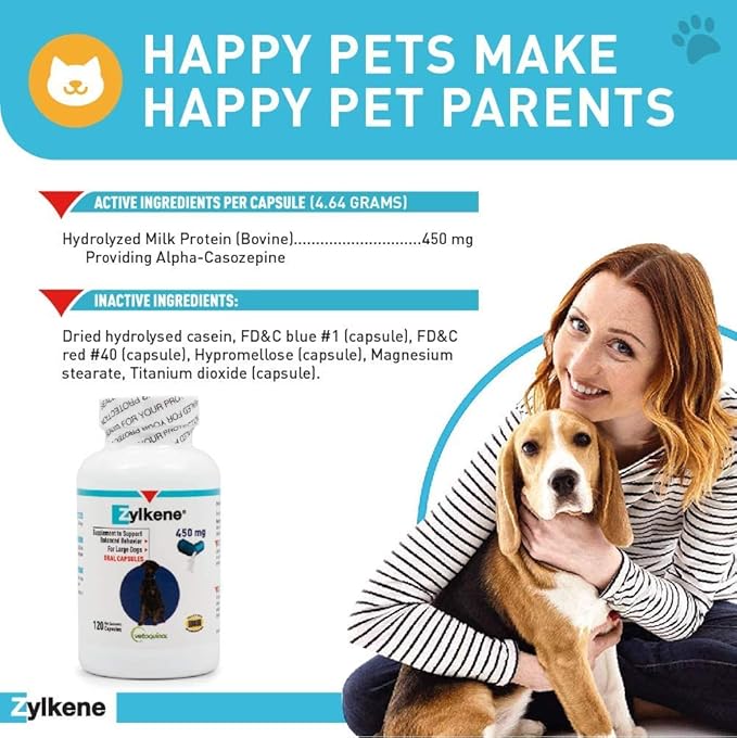 Vetoquinol Zylkene Calming Support Supplement for Large Dogs 33-132lbs, Helps Promote Relaxation and Reduce External Stress Factors, Daily Behavioral Support and Anxiety Relief for Dogs, 450mg
