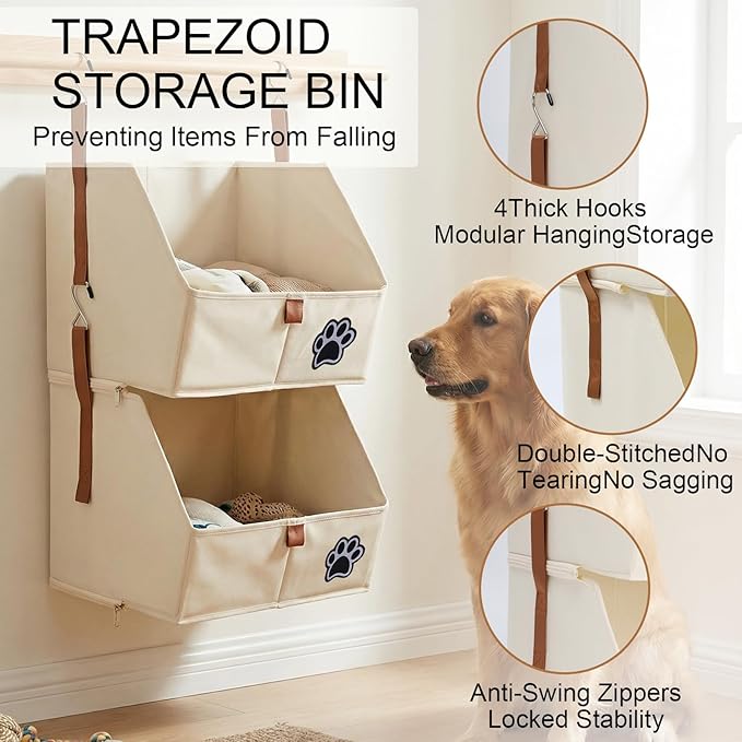 2-Tier Dog Shelves Storage Organizer, Dog Toy Basket, Hanging Closet Organizer for Pet, Fabric Storage Bins Dog Cabinet, Collapsible Baskets for Dog Toys,Colloar,Clothes,Blanket -Beige