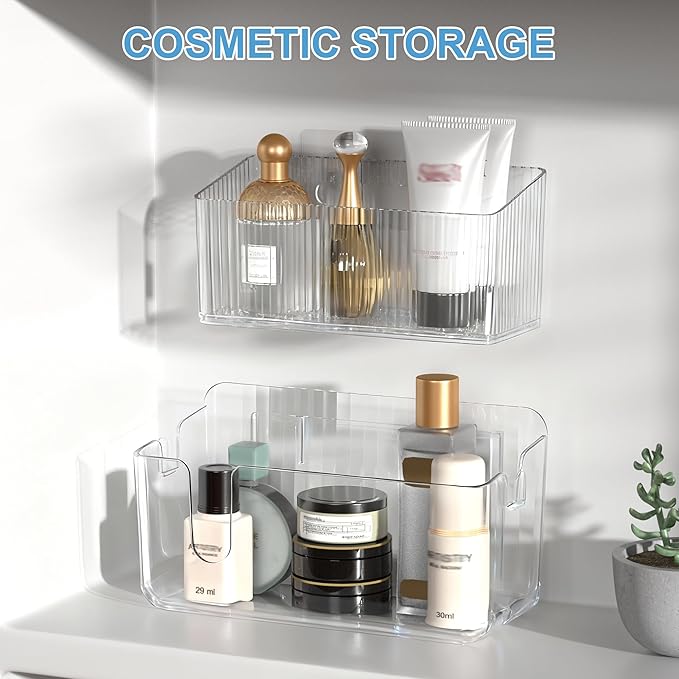 BasicForm 2 Pack Cabinet Door Organizer Bins, Adhesive Wall Mounted Clear Storage Caddy, Stackable PET Baskets for Kitchen Cabinets, Bathroom, Pantry, RV, and Office Organization