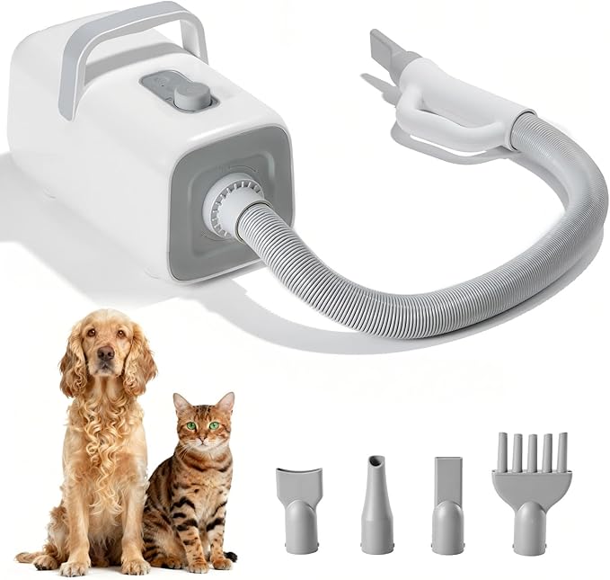 NEWBULIG Dog Hair Dryer, 1550W High Velocity Pet Blow Dryer with Heater for Grooming, Speed Temperature Adjustable Dog Blower Grooming Dryer with 4 Nozzles
