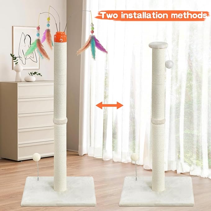 Cat Scratching Post ，41.3" Sisal Rope Cat Scratcher Tall Scratching Post for Indoor Cats Adult with Interactive Cat Toys Automatic Teaser Wand and Rotating Hanging Balls