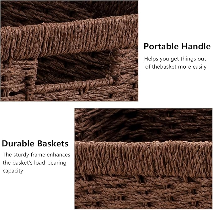 joybest Wicker Storage Baskets, Set of 2 Hand-Woven Paper Rope Dark Brown Baskets for Organizing, Foldable Rectangular Storage Organizer Bins for Shelves with Handles 13.4L x 8.3W x 7.1H