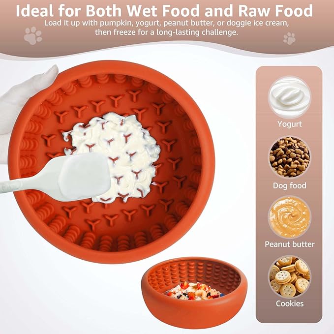 Dog Lick Bowl, ZOURYNUA Non-Slip Slow Feeder Dog Bowls, Enrichment Licking Mat for Distraction, Anxiety Relief Treat Dispenser Freezer, BPA Free Silicone & Dishwasher Safe (Orange, Large)
