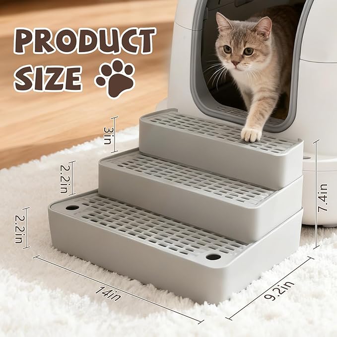 Adjustable 3 Steps Cat Ramp for Litter Box, Detachable Cat Pedal Step Stool with Filter Function, Double Layered Cats Litter Trapper, Suitable for Small&Elderly Cats, Non-Slip(Grey)