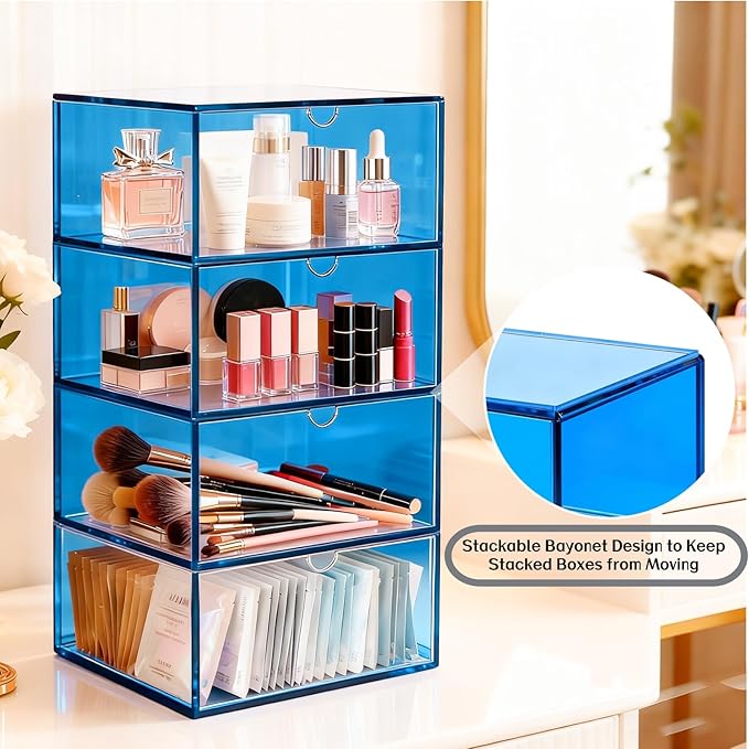 Acrylic Desk Organizer with Drawers Stackable Makeup Organizer for Vanity Office Countertop Cosmetic Display Cases Makeup Storage Box, Sky Blue