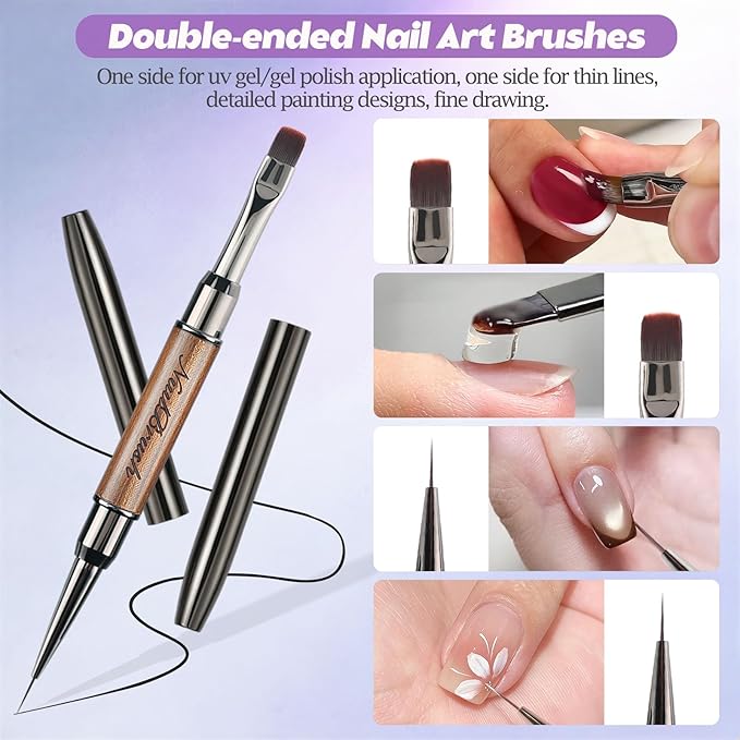 Gel Nail Art Brushes Set: 7Pcs Dense French Tip Brush With Liner Dotting Pen - Manicure Tools For Acrylic Builder Gel Polish Application Clean Up & Designs - Salon Home DIY Nail Artist