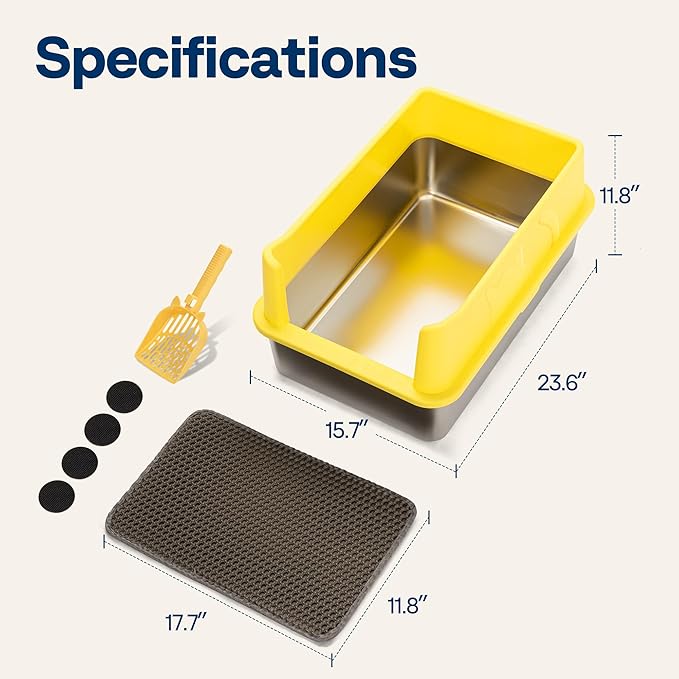 VIVOHOME XL Stainless Steel Cat Litter Box with Lid, Extra Large Litter Pan with High Sides, Easy Clean, Include Double Layer Litter Mat and Scoop, Yellow