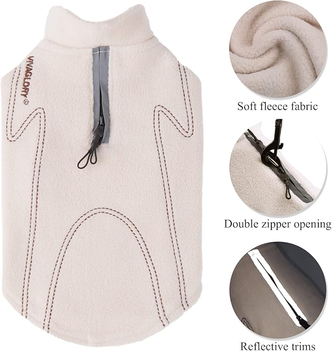 VIVAGLORY Dog Fleece Coat Warm Jacket with Hook and Loop Fastener, Easy to Take on and Off, Winter Vest Sweater for Small Medium Large Dogs Puppy Windproof Clothes for Cold Weather, Beige, XXS