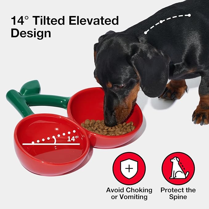 VETRESKA Ceramic Pet Bowl Tilted Design Pet Feeder for Food and Water Anti Vomit Cat Bowls for Indoor Cats Cute Cherry Cat Bowl Dishwasher Safe
