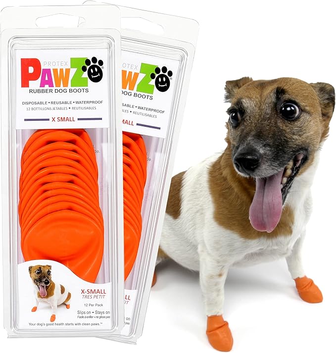 PawZ Rubber Dog Boots for Small Paws - All-Weather Waterproof Dog Shoes, Anti-Slip Traction for Rain, Snow, Mud & Hot Pavement - Pull-On Dog Booties, Orange - X-Small (1.5"-2") - Pack of 24