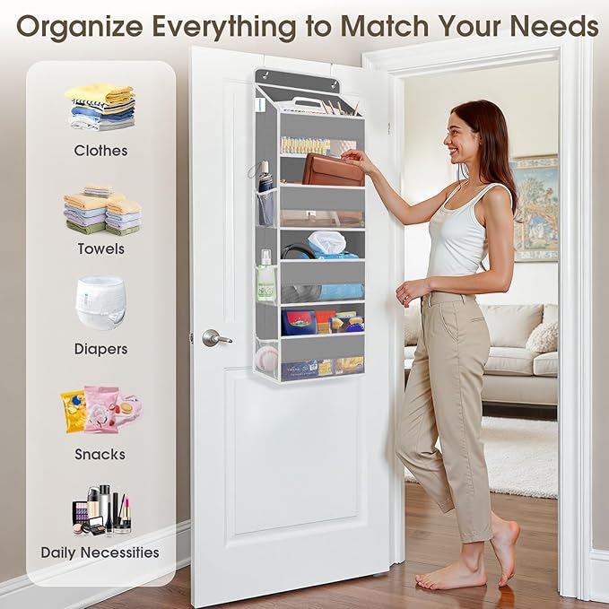 1 Pack Over The Door Organizer, Hanging Storage Organizer with Clear Window, 40lb Ultra Sturdy Large Capacity Room Organizer for Pantry Laundry Bathroom Nursery Closet Baby Essential (Grey)
