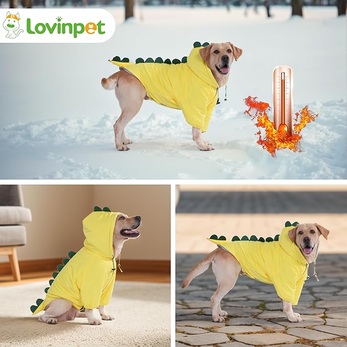 LovinPet Dog Warm Coat with Hood – Medium & Large Dinosaur Hoodie Winter Jacket for Cold Weather, Yellow & Green Coat for Large Dogs, XXXL