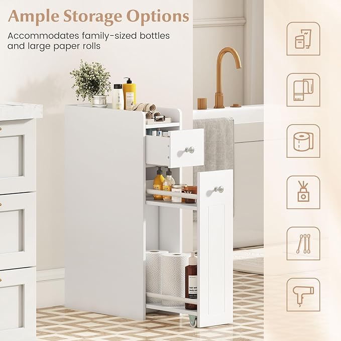 Giantex Slim Bathroom Storage Cabinet, Space-saving Toilet Side Cabinet with Slide-out Drawers on 3 Wheels, Freestanding Narrow Toilet Paper Holder for Living Room, Laundry Room, Compact Space (White)