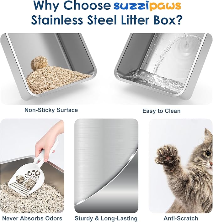 17.3"x13.4"x15" Stainless Steel Cat Litter Box with Lid, 6" High Kitty Litter Box for Kittens & Small Pets, Semi-Enclosed Metal Litter Box for Leak Proof, Easy-Clean Non-Stick, Odor Control