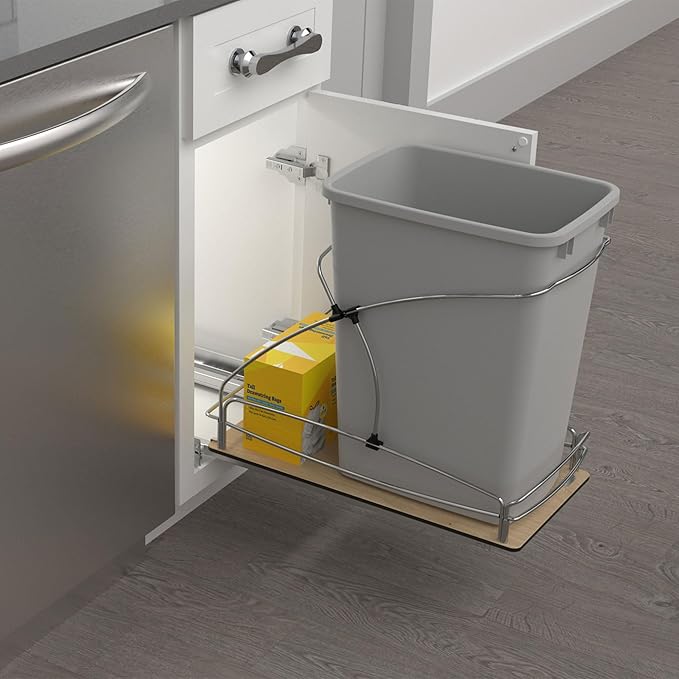 Rev-A-Shelf Steel Bottom Mount Single 35 Quart 8.75 Gallon Waste Bin Trash Container for Under Kitchen Cabinet with Soft Close, Gray, 54WC-1535SC-17-1