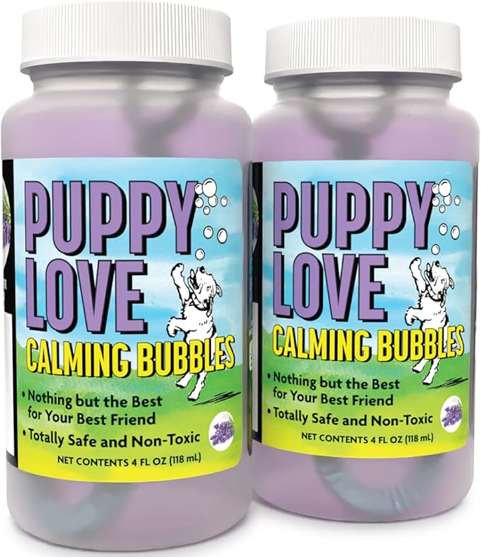 Atomic Bubbles: Puppy Love Calming Bubbles - Lavender Scented 2-Pack - 4oz Bottles, Dog Interactive Toy, Pet Safe, Non-Toxic, Indoor & Outdoor Play