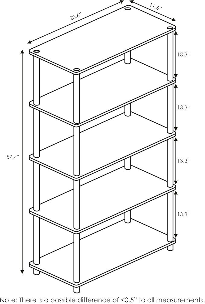 Furinno TURN-N-TUBE Storage Shelves, 5-Tier Book Shelf, Corner Shelf, Toolless Open Shelves, for Organization and Storage, Living Room, Garage, Home Office, Sonoma Oak
