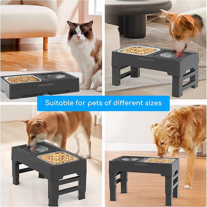 URPOWER 2-in-1 Elevated Dog Bowls 4 Height Adjustable Raised Dog Bowls with No Spill Water Bowl and Stainless Steel Food Bowl Non-Slip Stand for Small Medium Large Dogs