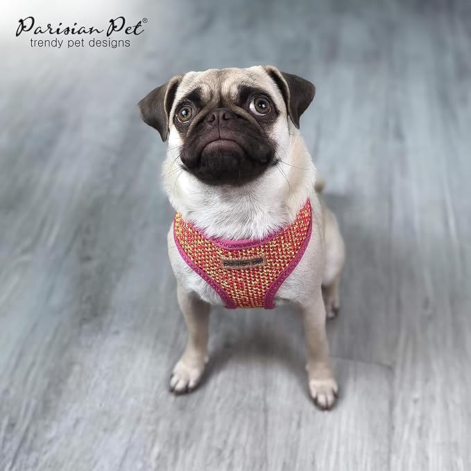 Parisian Pet Dog Harness - Adjustable Pink/Yellow Dog Vest Harness - 100% Mesh Fabric No Pull Puppy Harness - Cooling Dog Harness for Large Dogs - Idle for Walking, Running, and Hiking - XL