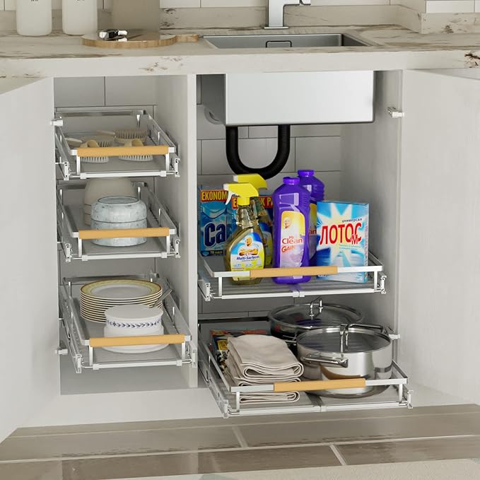 SANNO Expandable Pull Out Drawer Organizer and Storage for Kitchen Organization, Over The Sink Expandable Dish Drying Rack, Dish Drainer, Dish Rack Dish Drainer Rack, Stainless Steel