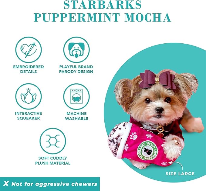 Haute Diggity Dog Starbarks Puppermint Mocha, Plush Holiday Christmas Dog Toys with Interactive Squeaker, Stimulating Pet Enrichment, Machine-Washable & Safe Materials for All Breeds, Size Large