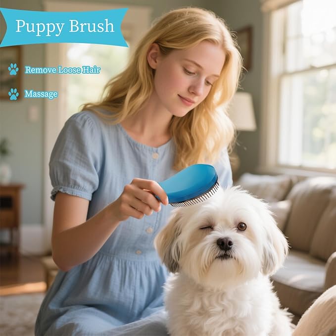 Comma-Shaped Small Dog Brush and Cleaning Comb, Fit for Yorkie, Shih Tzu, Maltese Maltipoo Pomeranian - Gentle Soft Bristles for Effortless Pet Hair Removal, Puppy Essentials (Blue)