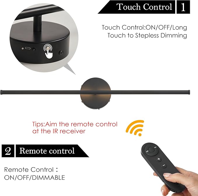 Battery Operated Wall Sconces, Dimmable Wall Sconces Set of Two, 350°Rotate, 3000K LED Black Wireless Wall Light for Living Room, Bedroom,Hallway, 32.2 Inch (2 Pack)