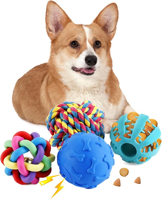 Interactive Dog Toys Ball 4 Pack Dog Puzzle Toys, Treat Dispensing Dog Toy, Dog Chew Teething Toys,Dog Squeaky Ball, Dog Rope Ball, for Tooth Cleaning, Chewing, Playing