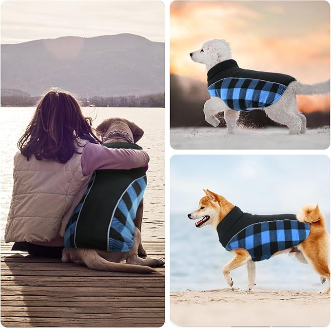 Kuoser Dog Winter Coat, Reversible Waterproof Dog Jacket with Reflective Strip, Warm Dogs Fleece Vest Adjustable Doggy Cold Weather Clothes Plaid Christmas Outfit Pet Apparel for Large Dogs, Blue 2XL