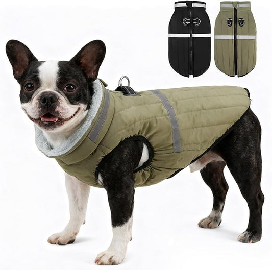 EXPAWLORER Dog Winter Coat Jacket, Thick Warm Waterproof Reflective Puppy Snowsuit with Harness Buit in, Pet Fleece Vest Soft Turtleneck with Zipper Cold Weather for Small Medium Large Dogs - GreenXL