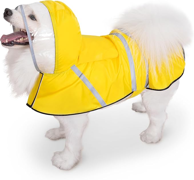 Dog Raincoat, Adjustable Rain Jacket with Hooded Double Layer for Large Medium Small Dogs Puppies, Lightweight Waterproof Rain Coat Poncho with Reflective Stripe Yellow,M