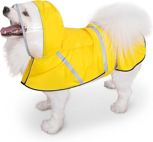 Dog Raincoat, Adjustable Rain Jacket with Hooded Double Layer for Large Medium Small Dogs Puppies, Lightweight Waterproof Rain Coat Poncho with Reflective Stripe Yellow,M