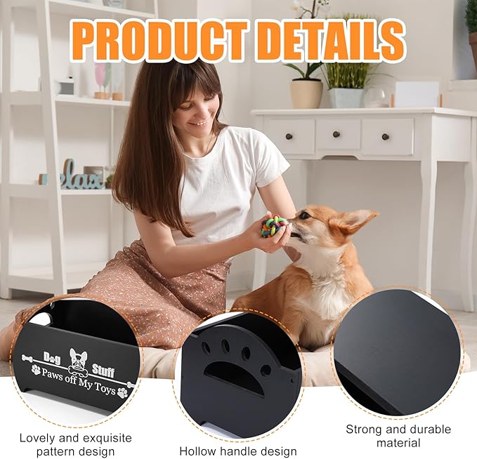 Marsui Wooden Dog Toy Bin Basket with Handle Large Dog Stuff Storage Box Cute Pet Stuff Organizer for Chew, Blankets, Leashes, Food Gift for Living Room Area(Black,13.78 Inch)