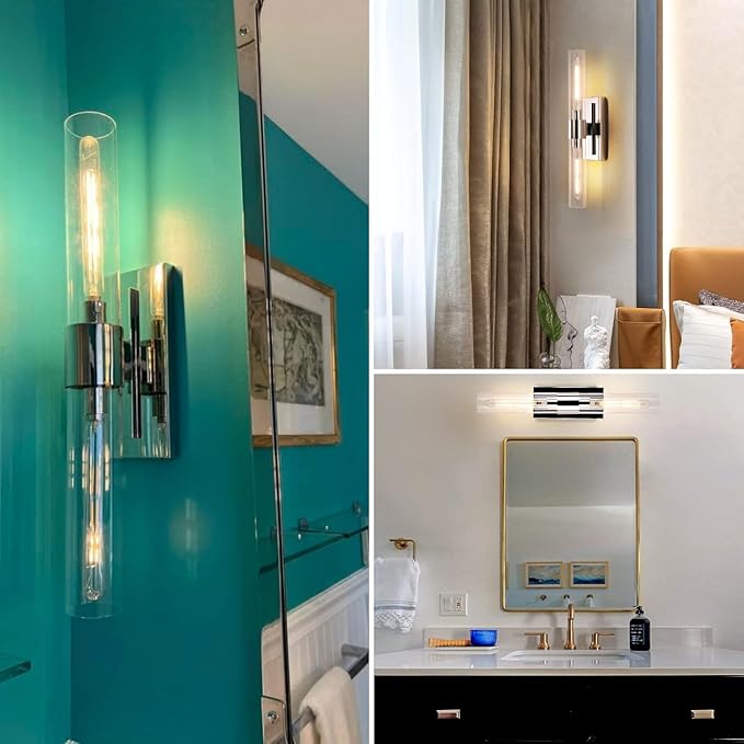 Chrome Wall Sconces, 22.8" Bathroom Sconces, Indoor Sconces Wall Lighting Up and Down, Nickel Wall Sconce Set of Two Dimmable, Vanity Lights for Bathroom with Tube, Glass Sconce for Bedroom, Staircase