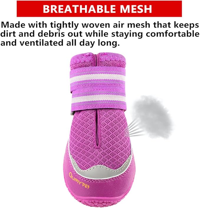 QUMY 4PCS Dog Boots for Large Dogs, Medium Dog Shoes & Paw Protectors for Hot Pavement, Summer Heat Protection, Mesh Breathable Nonslip Dog Booties for Hardfloors, Walking Running Hiking Purple Size 4