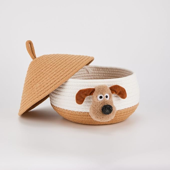 Bellar Small Rope Basket With Lid Woven Storage Box Cute Animal Dog Toy Box Organizers Cotton Rope Basket for Kids Small Snack Storage Area Decorative Boxes Aesthetic-8.6''*8.6''-Brown*White