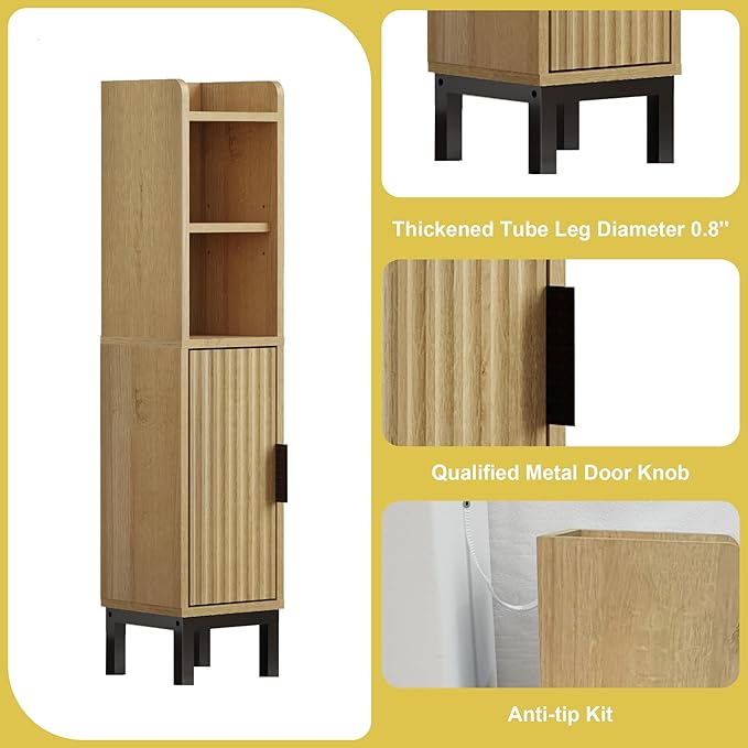 Small Bathroom Storage Cabinet, Corner Narrow Toilet Paper Floor Cabinet with Door and Shelves,Bathroom Organizer with Adjustable Shelf, for Small Spaces (Oak)