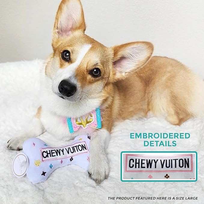 Haute Diggity Dog White Chewy Vuiton Bone, Plush Designer Dog Toys with Interactive Squeaker, Stimulating Pet Enrichment, Machine-Washable & Safe Materials for All Breeds, Size Large