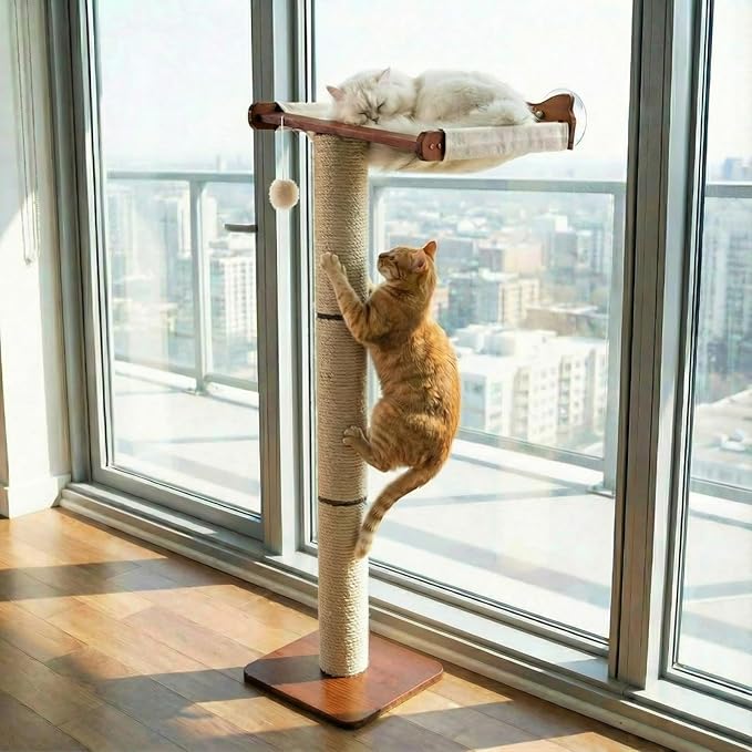 Sintuff Cat Window Perch with Scratching Post Climbing Tree Hammock Mounted with Suction Cups 46 Inch Tall Adjustable Narrow Cat Tree Climbing Pole for Playing Sleeping Watching Birds (Round)