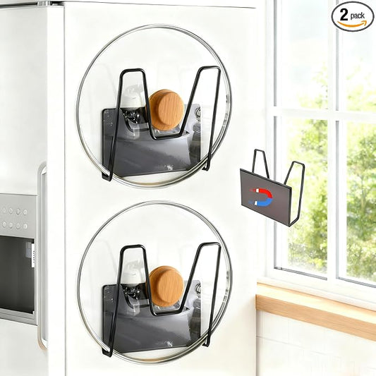 Magnetic Pot Lid Holder for Refrigerator, 2 Pack Strong Magnetic Pot Lid Organizer for Cutting Board, Baking Tray & Pan Covers, Stainless Steel Moveable Kitchen Storage Rack-Black