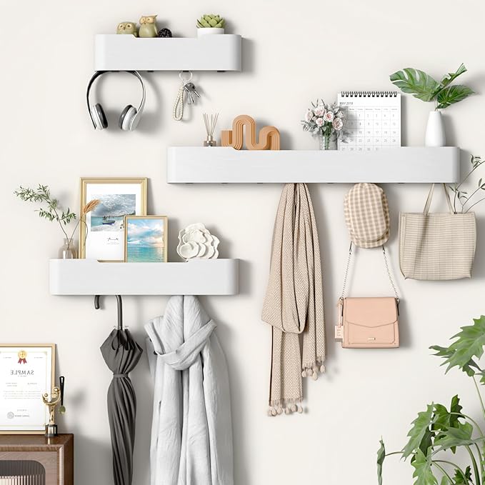 Coat Rack Wall Mount Entryway Organizer Modern Key Holder Wall Mount with Wooden Shelf Entryway Hooks for Bedroom Kitchen Hallway Bathroom for Hanging Coats Hats Dog Leashes Bags Towels
