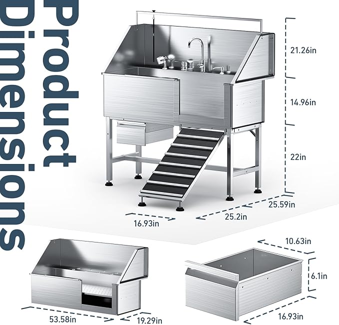 56" Professional Dog Washing Station, 304 Stainless Steel Pet Grooming Tub with Removable Ramp, 1.0mm Thick Anti-Rust Bath Tub, Adjustable Height & Detachable Faucet Kit for Dogs & Cats(Right Ramp)
