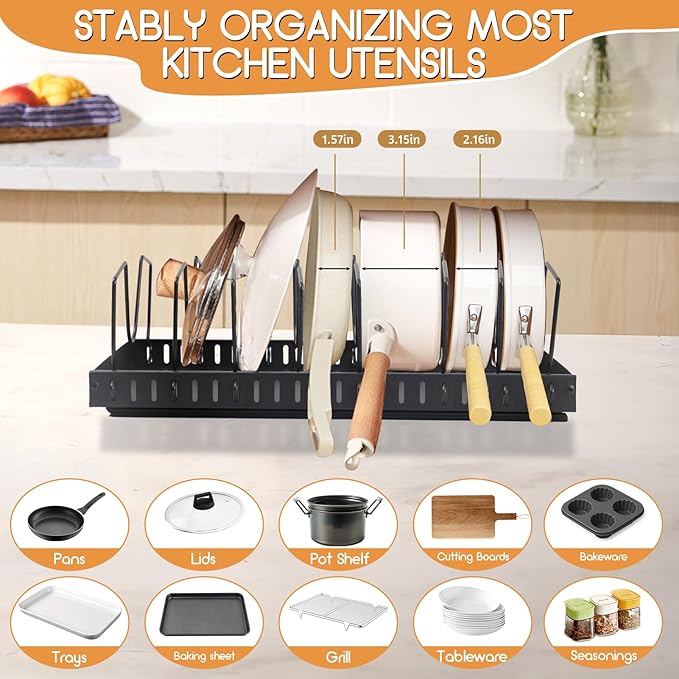 XIAPIA Pull Out Pots and Pans Organizer Under Kitchen Cabinet, Pot Lid Organizers, Slide Out Cookware Storage Rack with 8 Adjustable Dividers, Pull Out Shelves for Dishware Seasoning, (Black, 2 Pack)