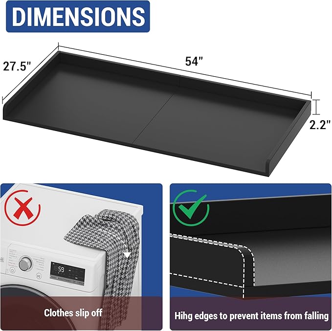 Washer Dryer Countertop,27.5" x 54" Wood Topper for Laundry Room Organization，Laundry Countertop over Washer and Dryer,With Edge Rails,Non-Slip Mat,Easy to Assemble
