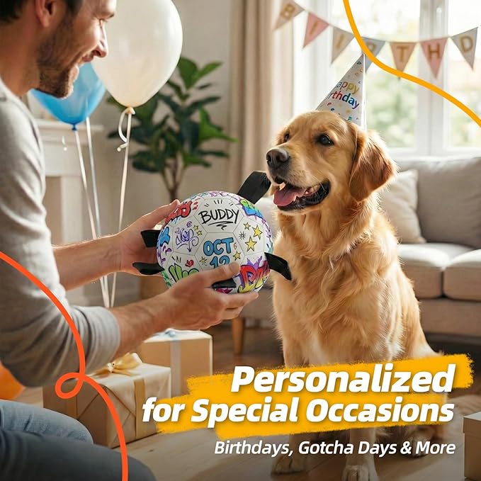 HETOO Dog Soccer Ball with Straps, DIY Paintable Dog Toy Ball Kit with 8 Color Markers,Personalized Interactive Dog Toys for Small Medium Dogs Puppies,6 Inch Birthday Gift Pet Toy