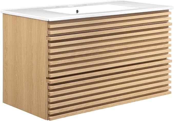 Modway Render 36" Wall-Mount Bathroom Vanity in Oak White
