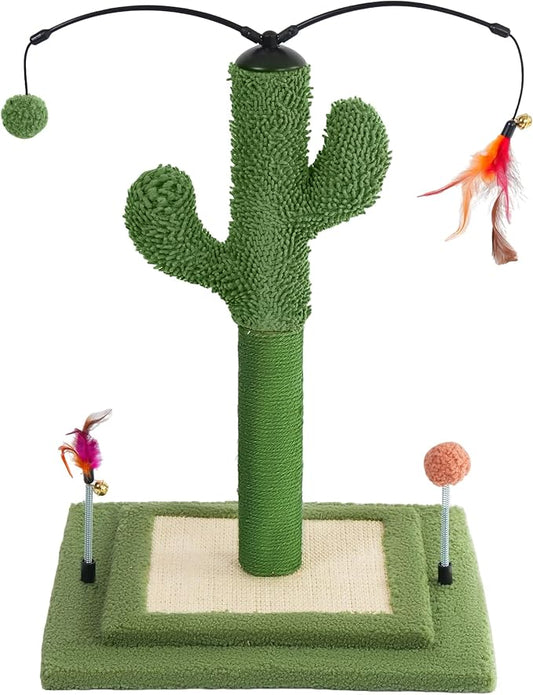 YUNIQUE Cactus Cat Scratching Post with Sisal Rope, Small Cat Tree with Dangling Balls & Feather for Kittens (Green, 22.8'')